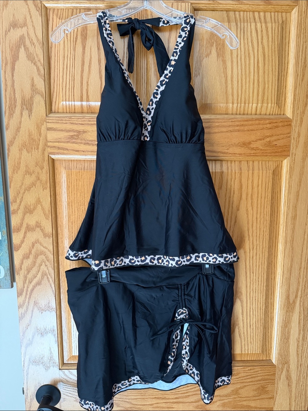 Black Halter Swim Tankini and bottom with Leopard Trim
